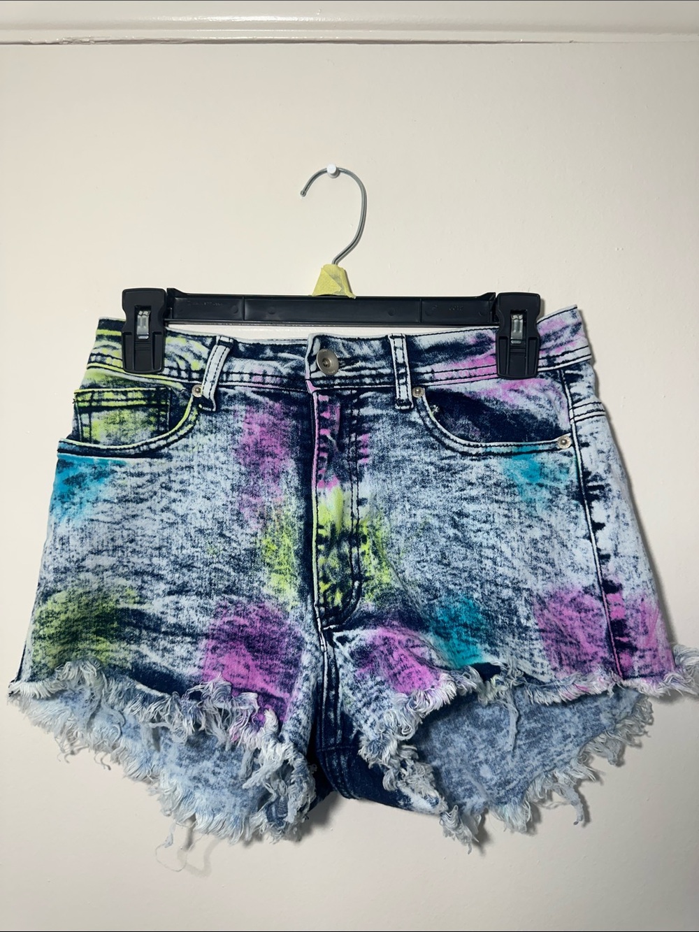 High-Rise Acid-Wash Denim Cutoff Shorts in Multicolor Splatter